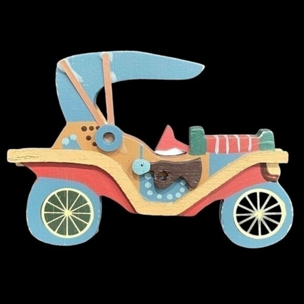 Vintage Large Wooden Old Style Car Christmas Ornament 4.75" Taiwan Holiday Decor